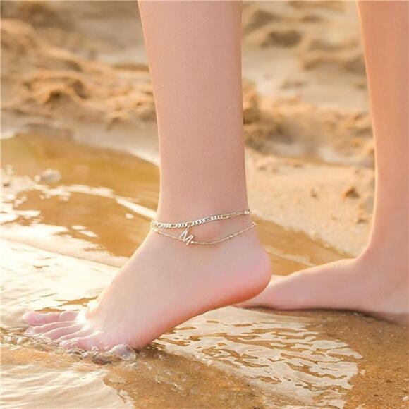Ankle Bracelets for Women,14K GoldPlated Dainty Layered Chain CZ Initial Anklets - Picture 3 of 7